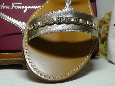 Pre-owned Ferragamo Salvatore  Metallic Gold Tremiti Chain Trim Flat Sandal Size 8.5c$430