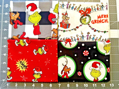 The Grinch Fat Quarter Bundle Set of 4 100% Cotton licensed Christmas fabric