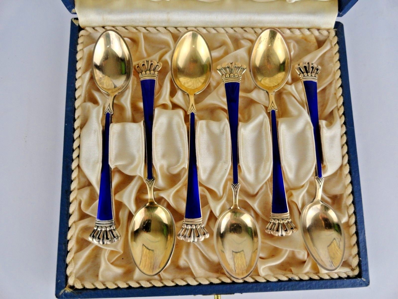 Box Set Of Egon Lauridsen Sterling Silver Gold Wash Blue Enamel Demitasse Spoons