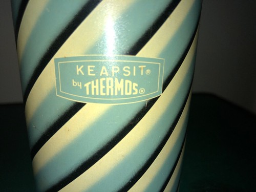 1963 Vintage Keapsit Blue Cream Black Stripe Half Pint Vacuum Thermos With Label