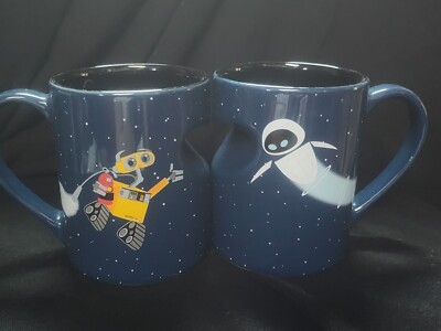 Disney Parks Wall E and Eve Dark Blue Heart Coffee Mugs Set of Two