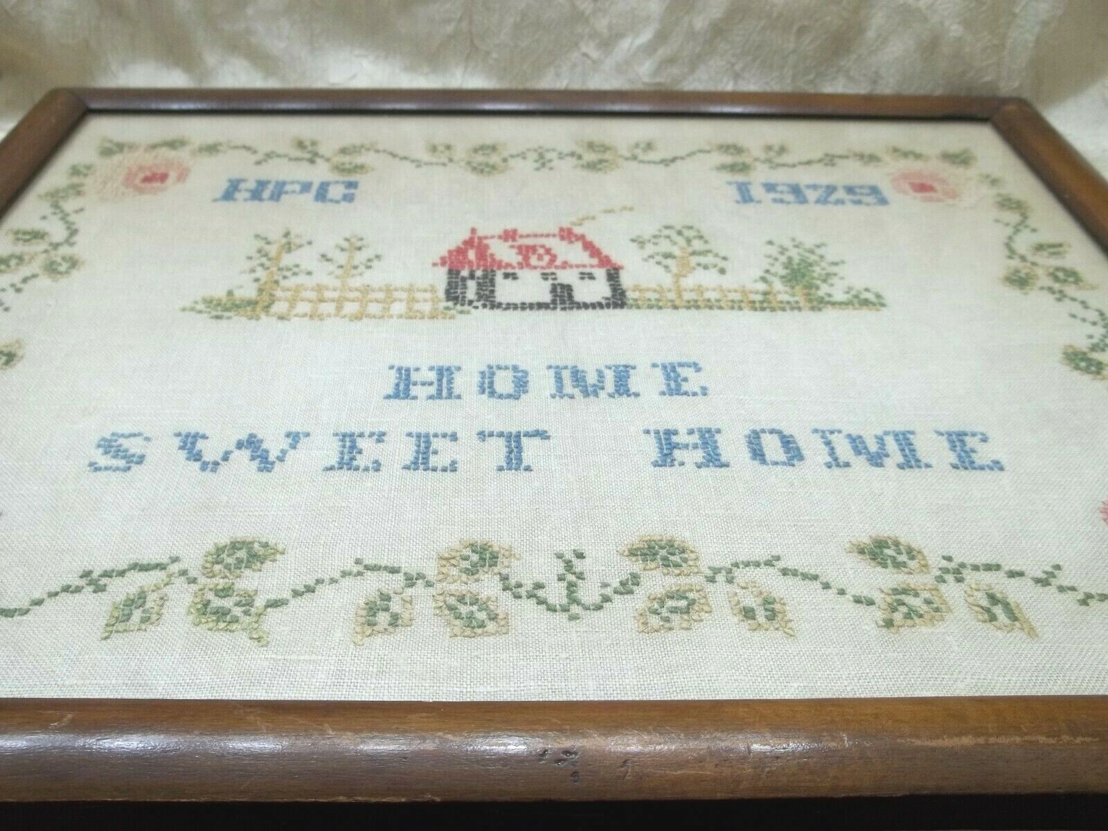 Vintage Antique 1929 Framed Sampler Cross Stitch Needlework Home Sweet Home