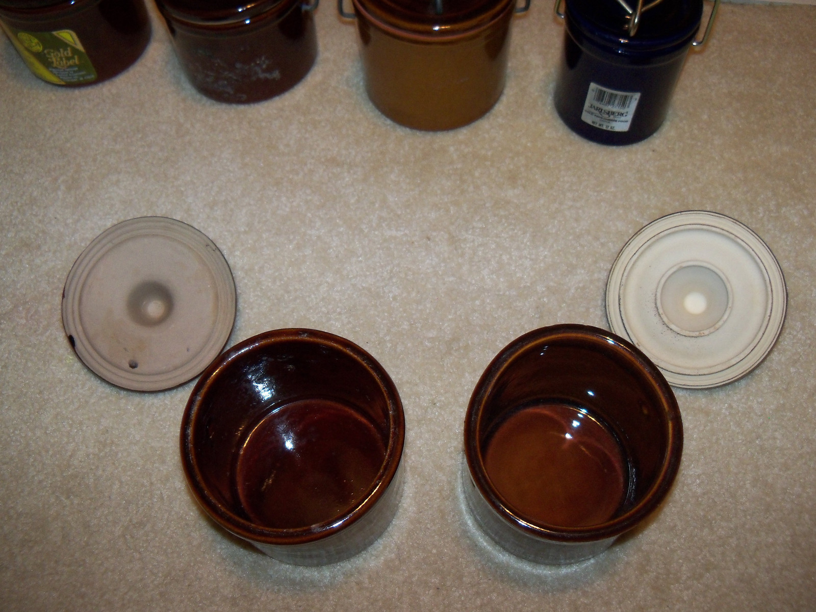 Lot of 7 Vintage Cheese Crocks Wire Latching Lids Brown