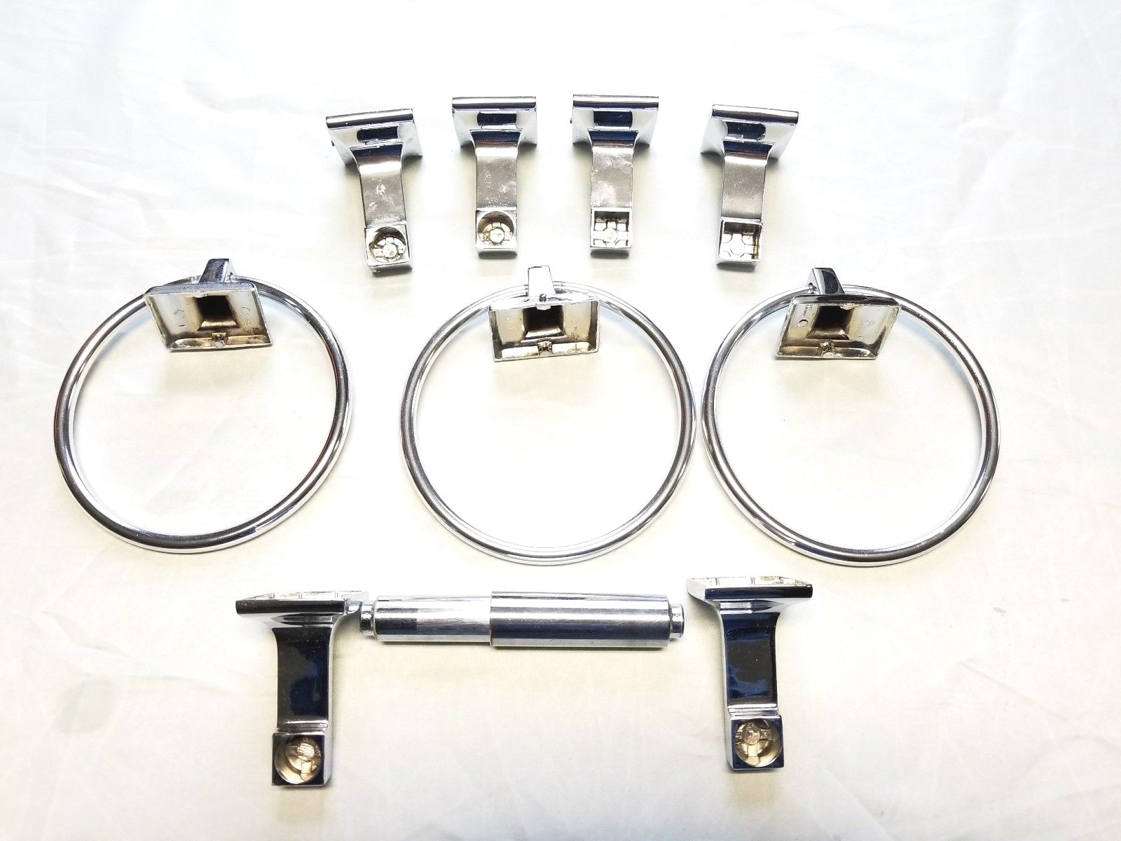 6 SET VTG  MCM CHROME BATHROOM HARDWARE TOWEL RACK & RINGS TOILET PAPER