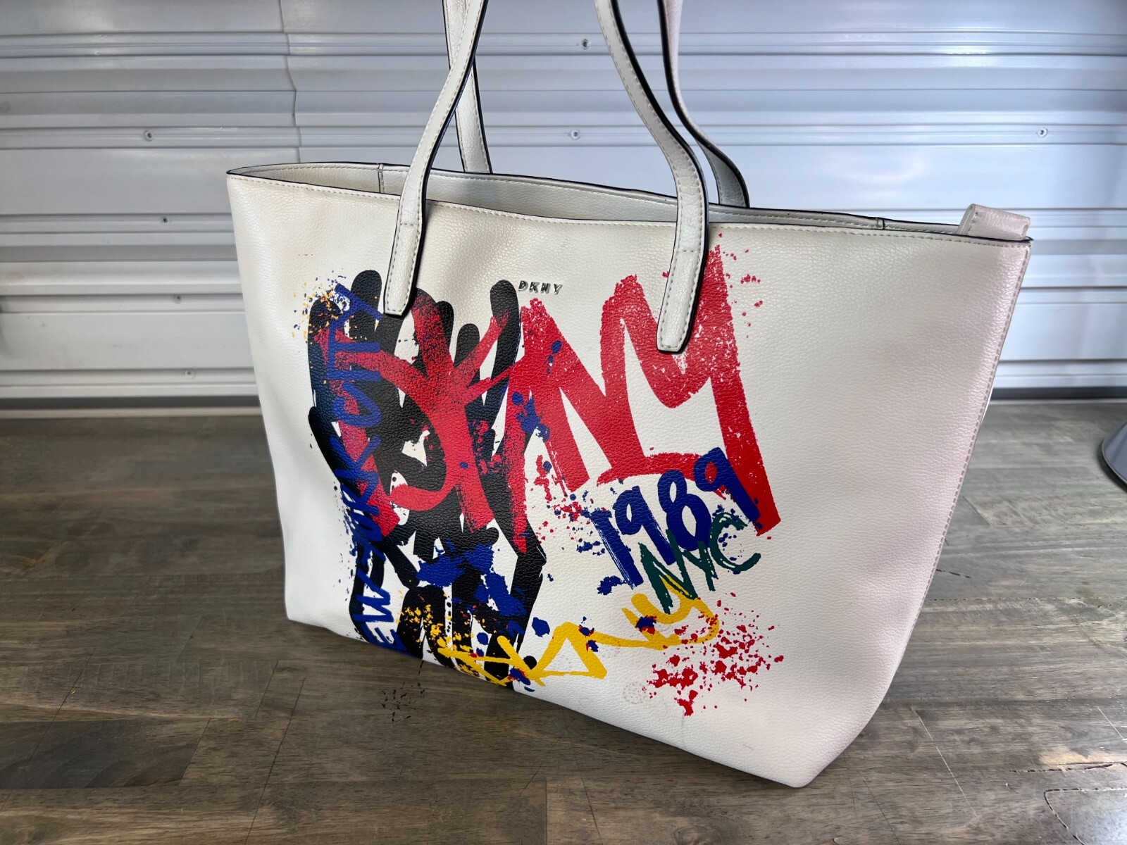 DKNY NY Graffiti White Bryant Park PU Leather Tote Bag, 16