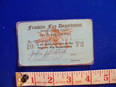Vtg 1972 FRANKLIN FIRE DEPARTMENT New Jersey Member Certify Card