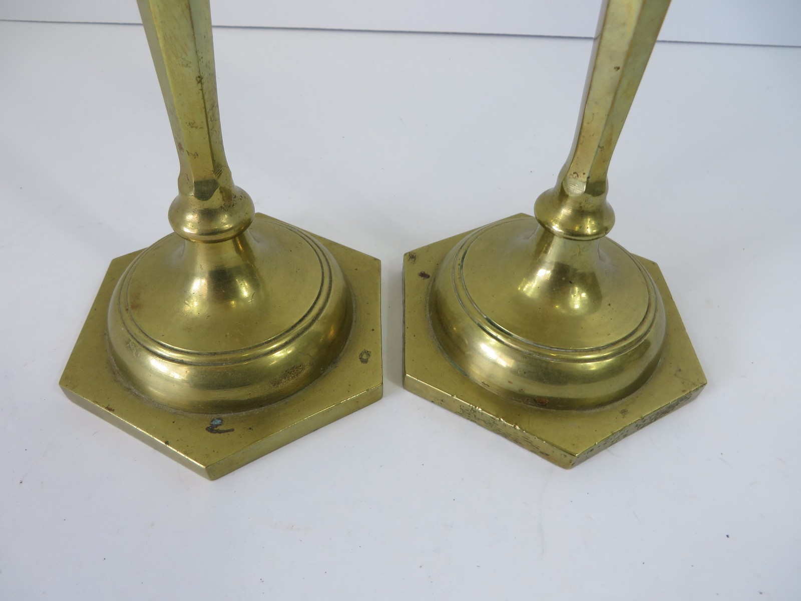 Vintage Brass Candlestick Holder Pair Hexagon Base 10.5
