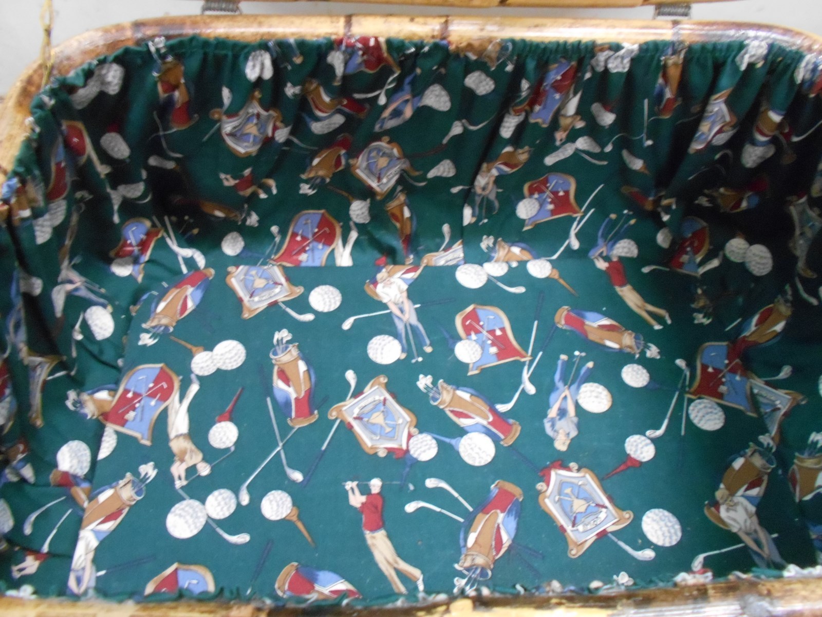 Vintage Bamboo Rattan Picnic Basket with golf design fabric inside bamboo handle