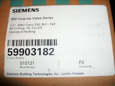 SIEMENS 599 FLOWRITE VALVE 599-03182 1/2'' FNPT NC BRASS TRIM Cv 2.5