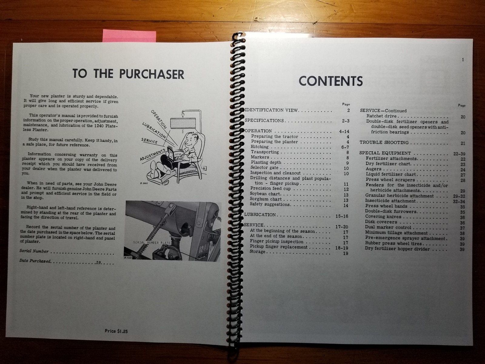 John Deere 1240 Plateless Planter S/N -17811 Owner Operator Manual OM-B25457 '68