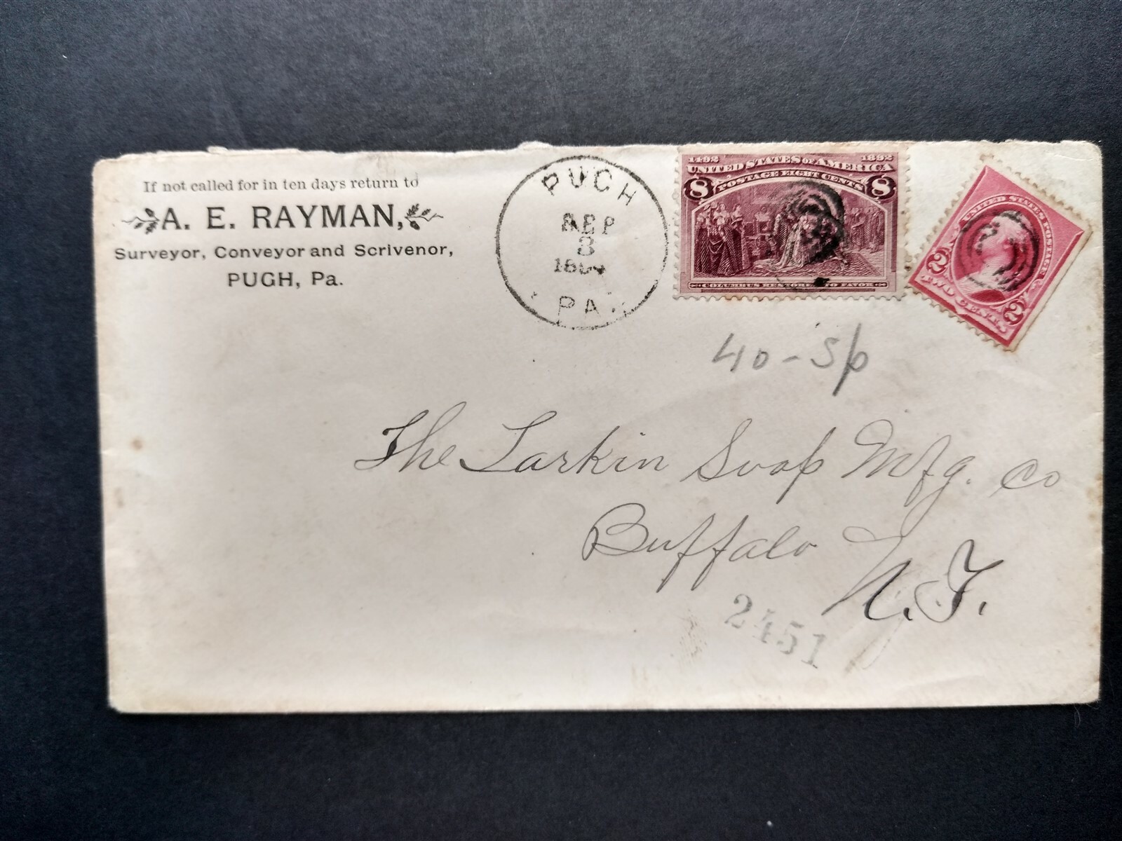 Pennsylvania: Pugh 1894 Rayman Surveyor Registered Cover