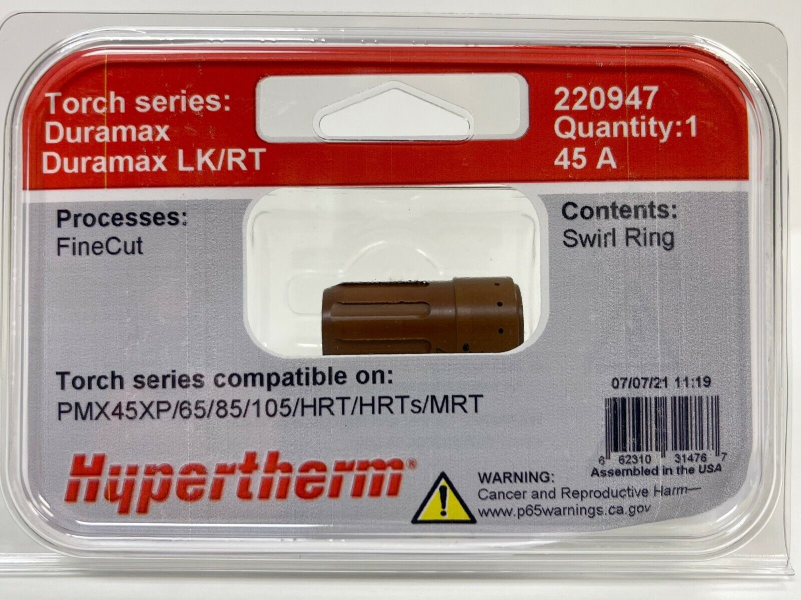 Hypertherm Genuine Powermax 45 XP Fine Cut Swirl Ring 220947 Hypertherm Genuine Powermax 45 XP Fine Cut Swirl Ring 220947