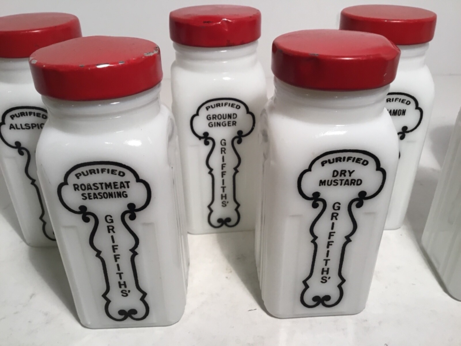 Vintage Griffith’s White Milk Glass Spice Jars, Red Lid, Set of 8