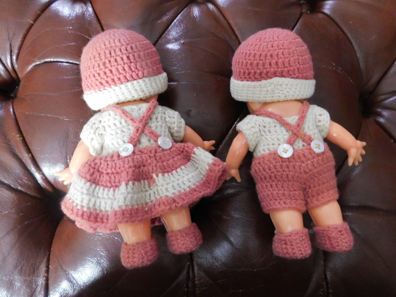 IRWIN BOY & GIRL DOLLS W/COMPLETE CROCHETED OUTFITS ADORABLE 6.5