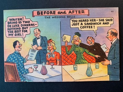Linen Comic Postcard - Before and After the Wedding Bells - Marriage Humor