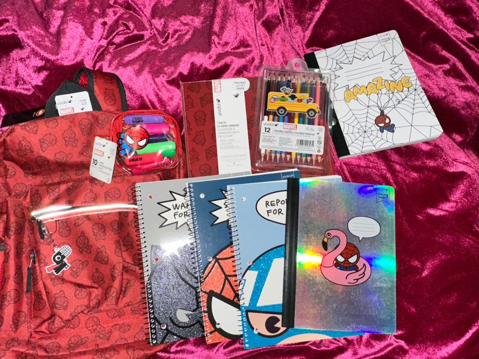 Yoobi x Marvel Spider-Man Kids Backpack, Binder, Notebooks, Pencils NEW W/TAGS