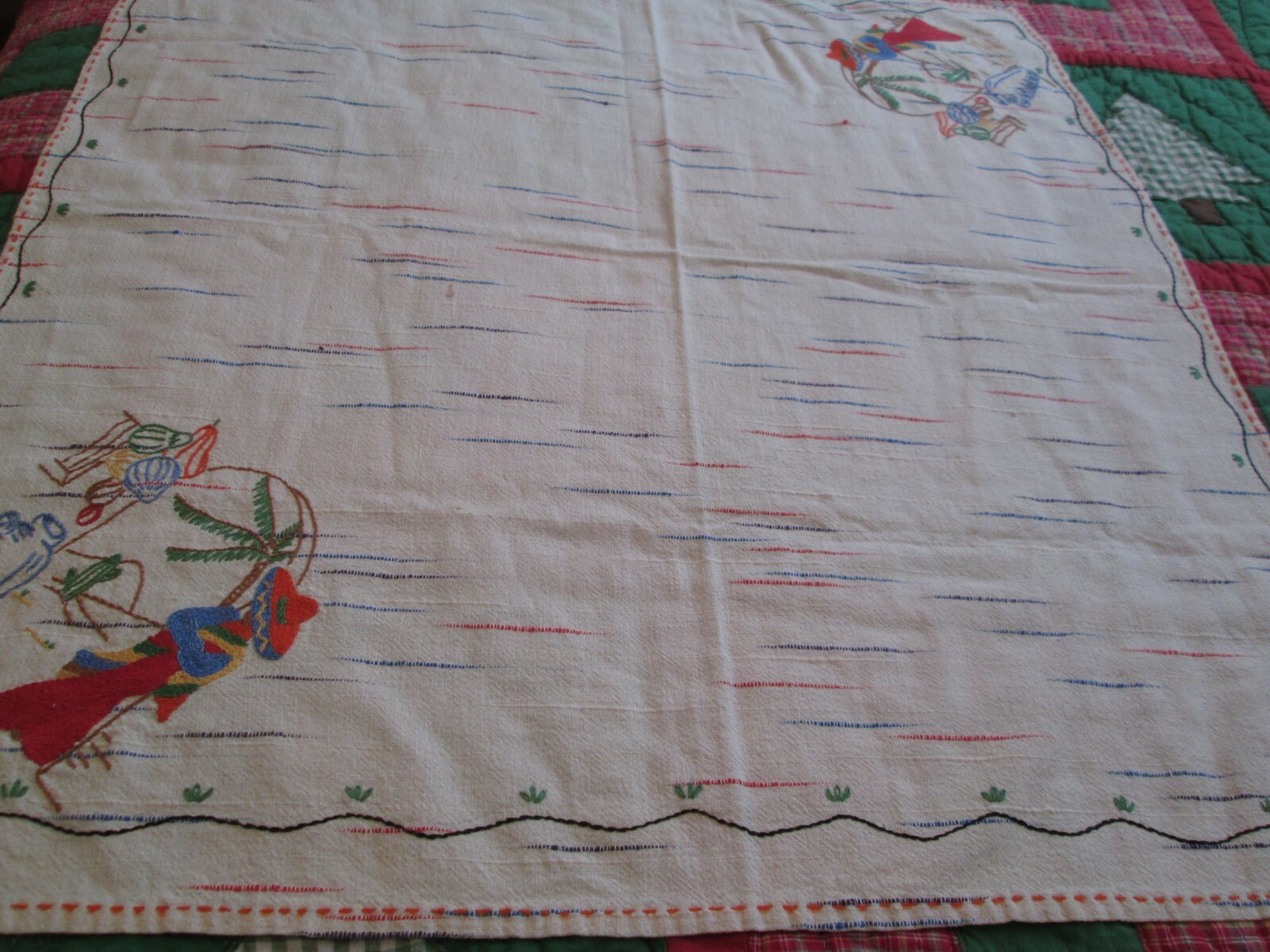 Hand Embroidered Tablecloth Cover Mexican Motif Cotton Woven Vintage 1950s Red