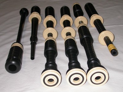 McCallum Black Acetyl Plastic Poly Bagpipes P3 Imitation Ivory Mounts Ferrules