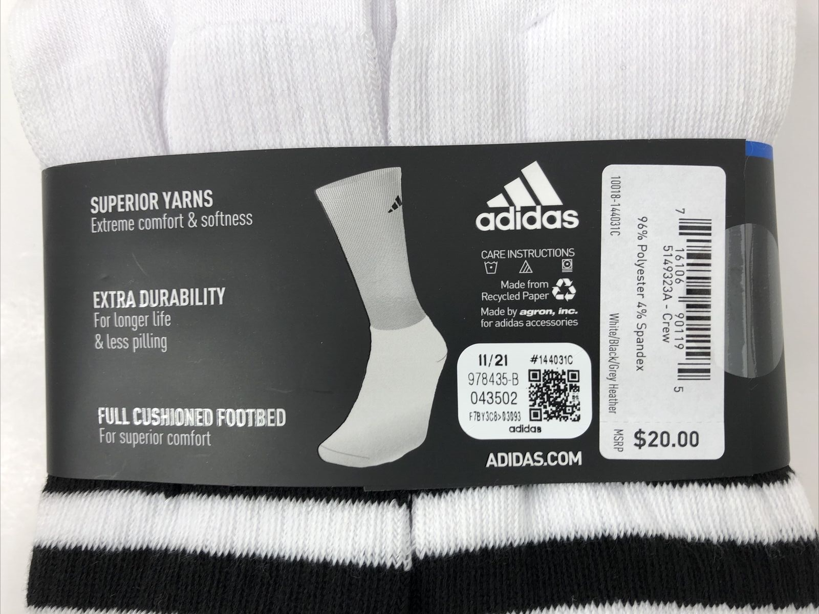 Adidas Crew Socks Men's Shoe Size 6-12 White with Three Stripes 6 Pair Pack