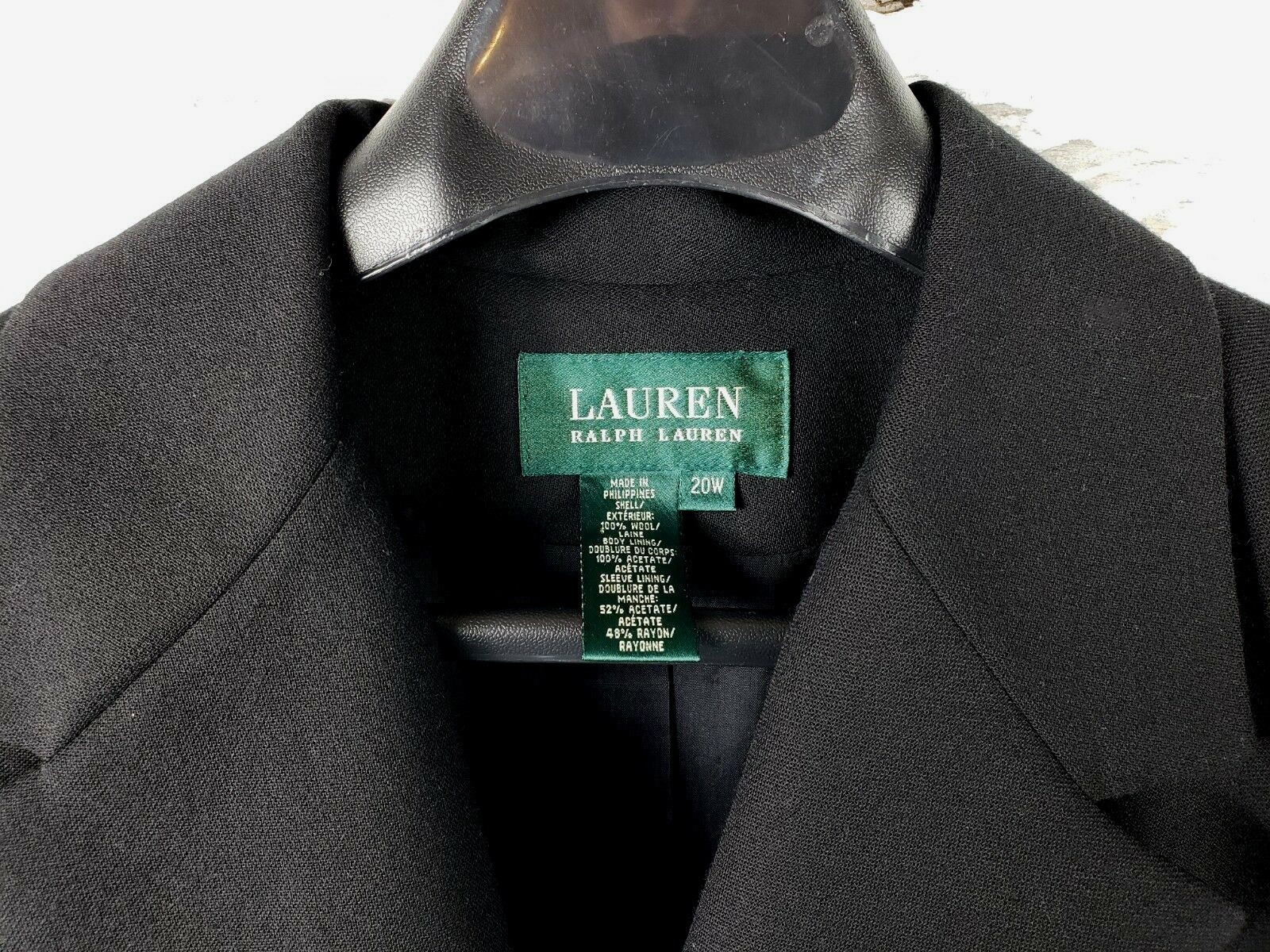 Vtg Ralph Lauren LRL Womens Blazer Black 20W Wool Silver Monogram Crown Crest