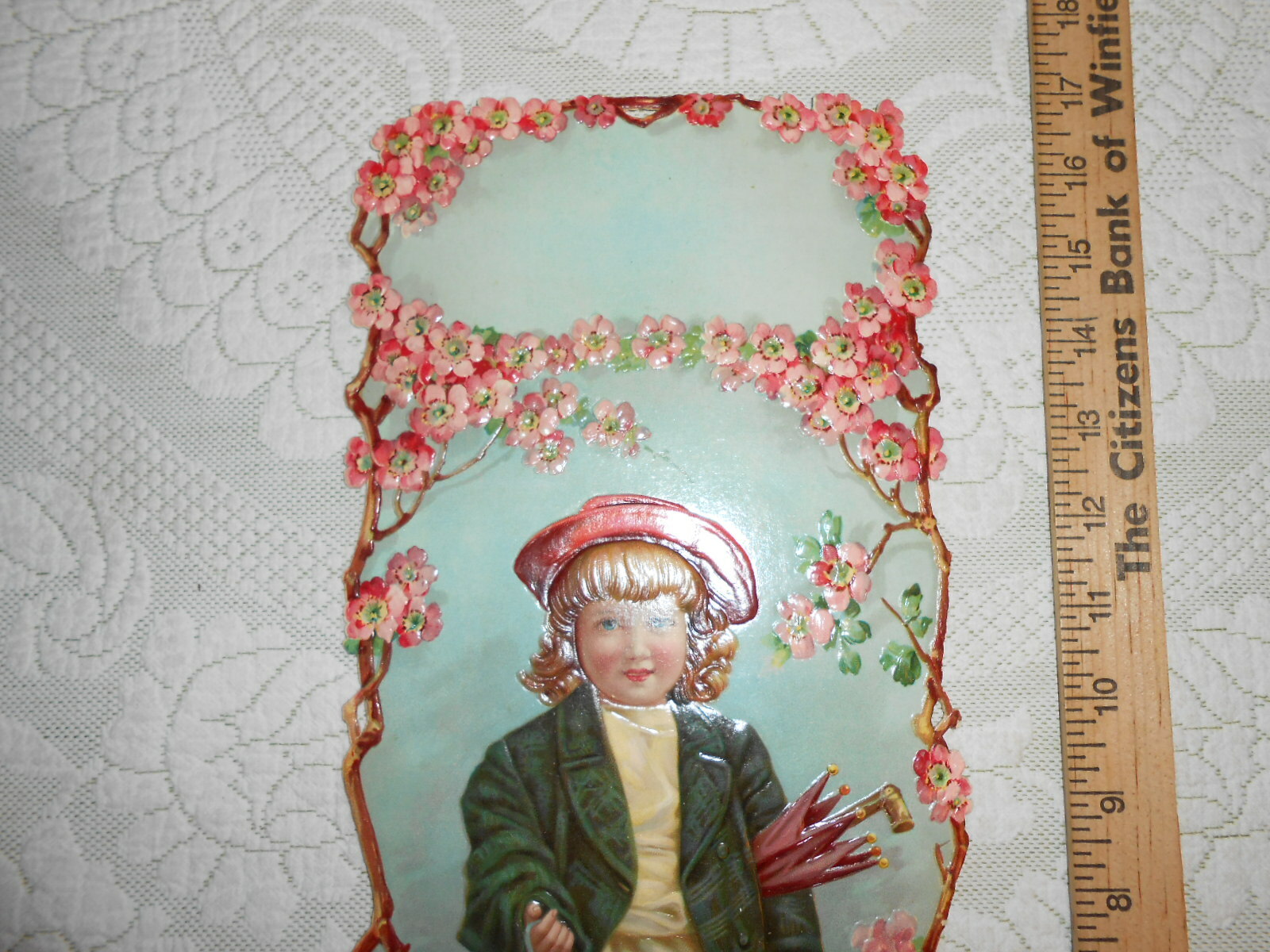Large 1900 Antique Victorian Die-Cut Sign Little Boy In Boots NOS