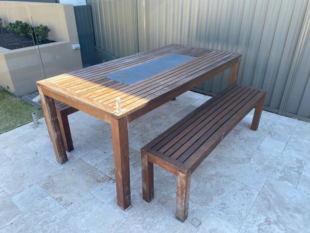 outdoor timber table and bench seats