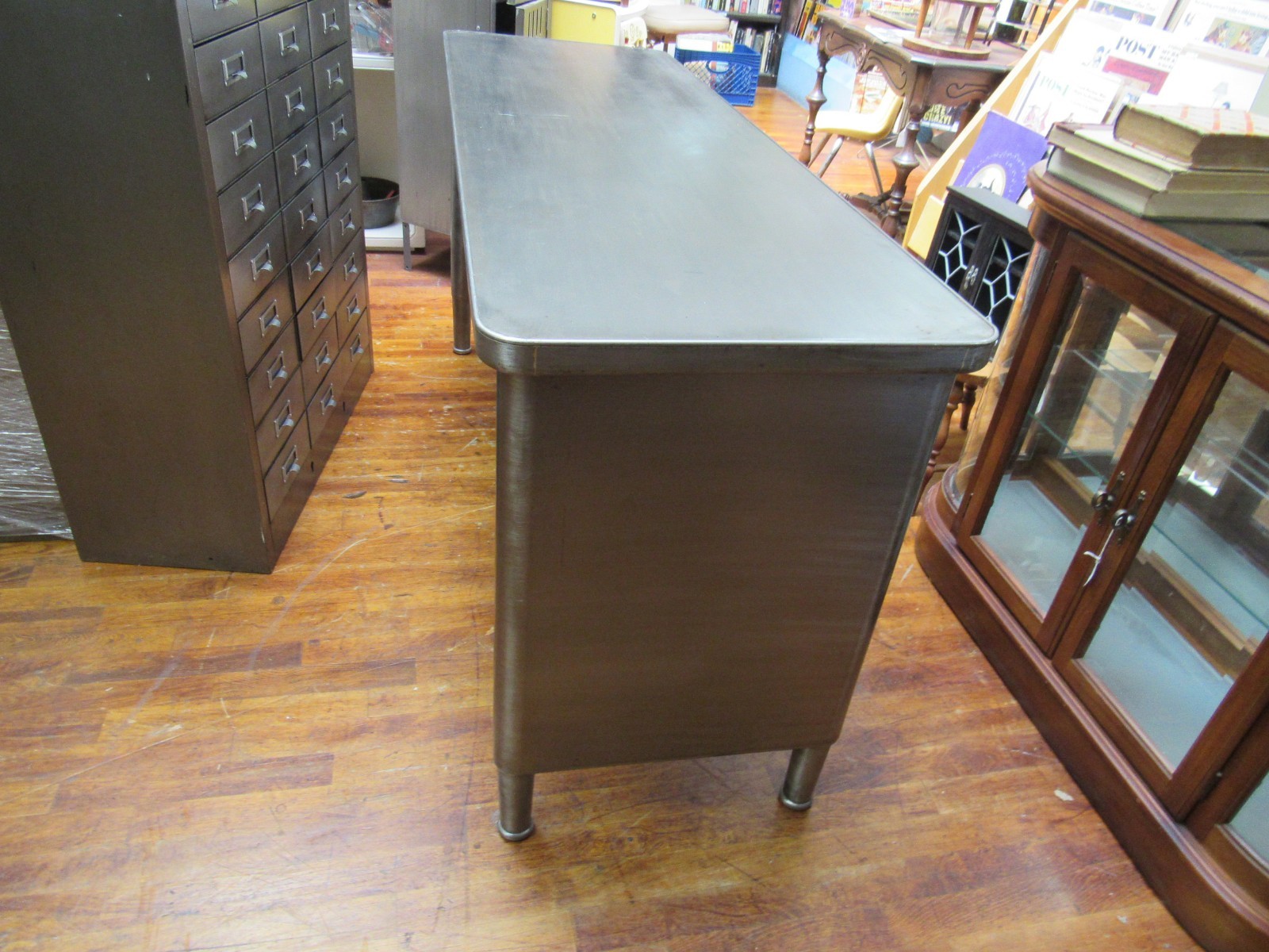 Vintage Industrial brushed steel mid century modern console table