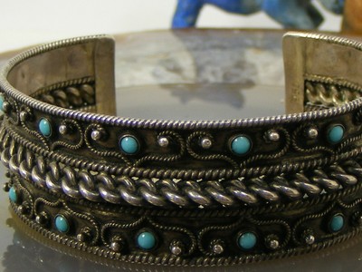 High Detailed Tribal Ethnic Antique Turquoise 950 Sterling Silver Cuff Bracelet