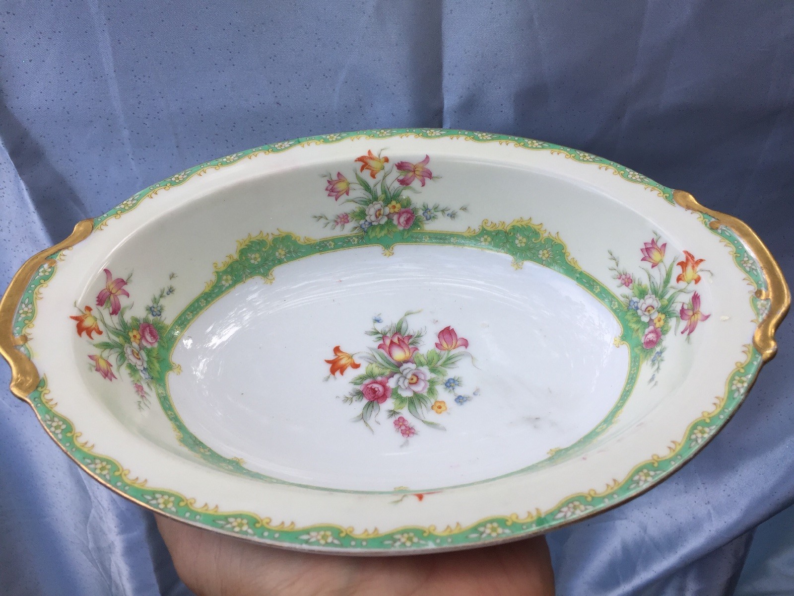 Rare REGAL CHINA OVAL SERVING BOWL French Countr FLOWERS SCROLLS GOLD JAPAN ??j8