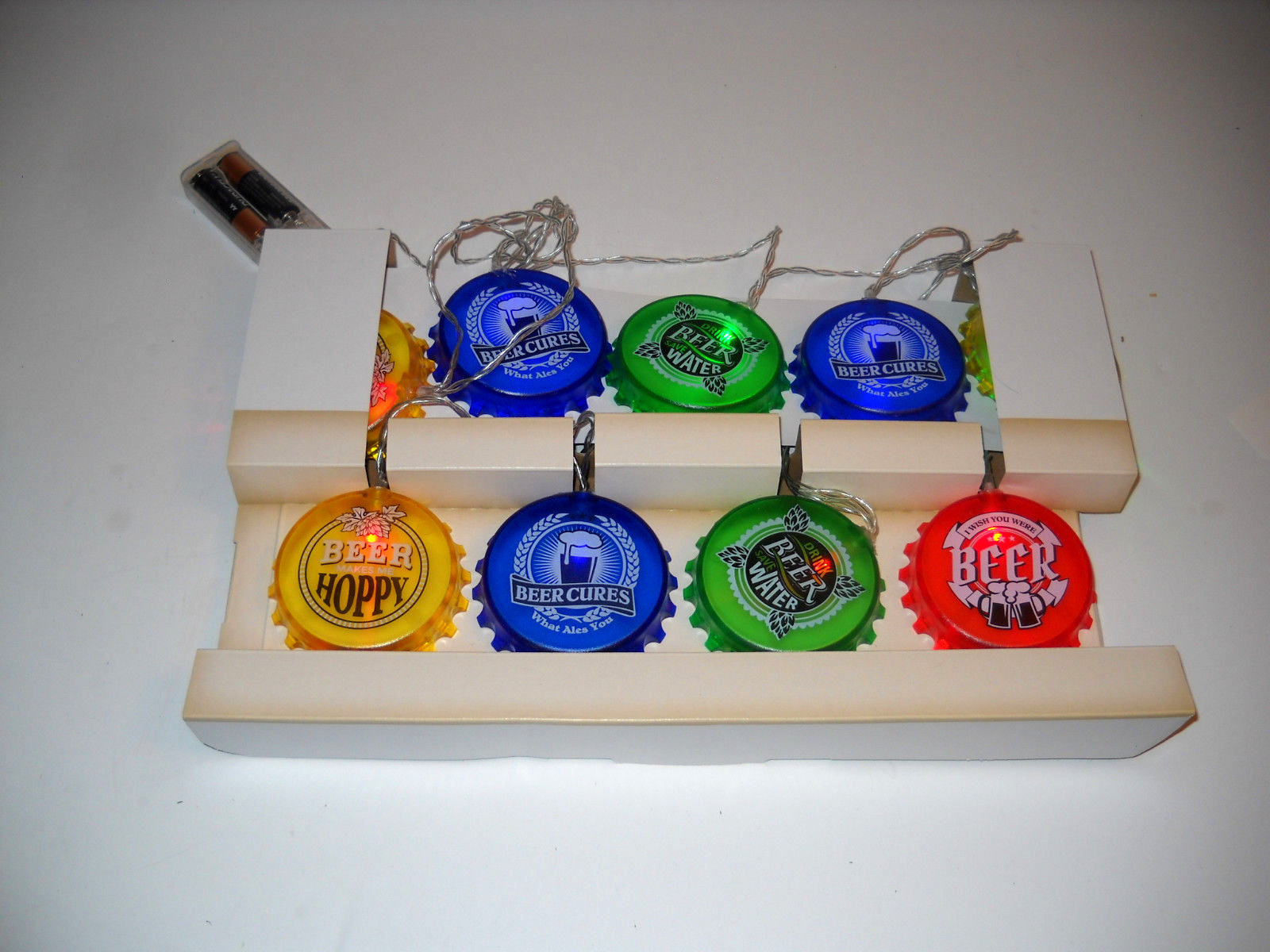 Vintage Outdoor Party Hanging String Light HAPPIE HOUR Beer Bottle caps MIB