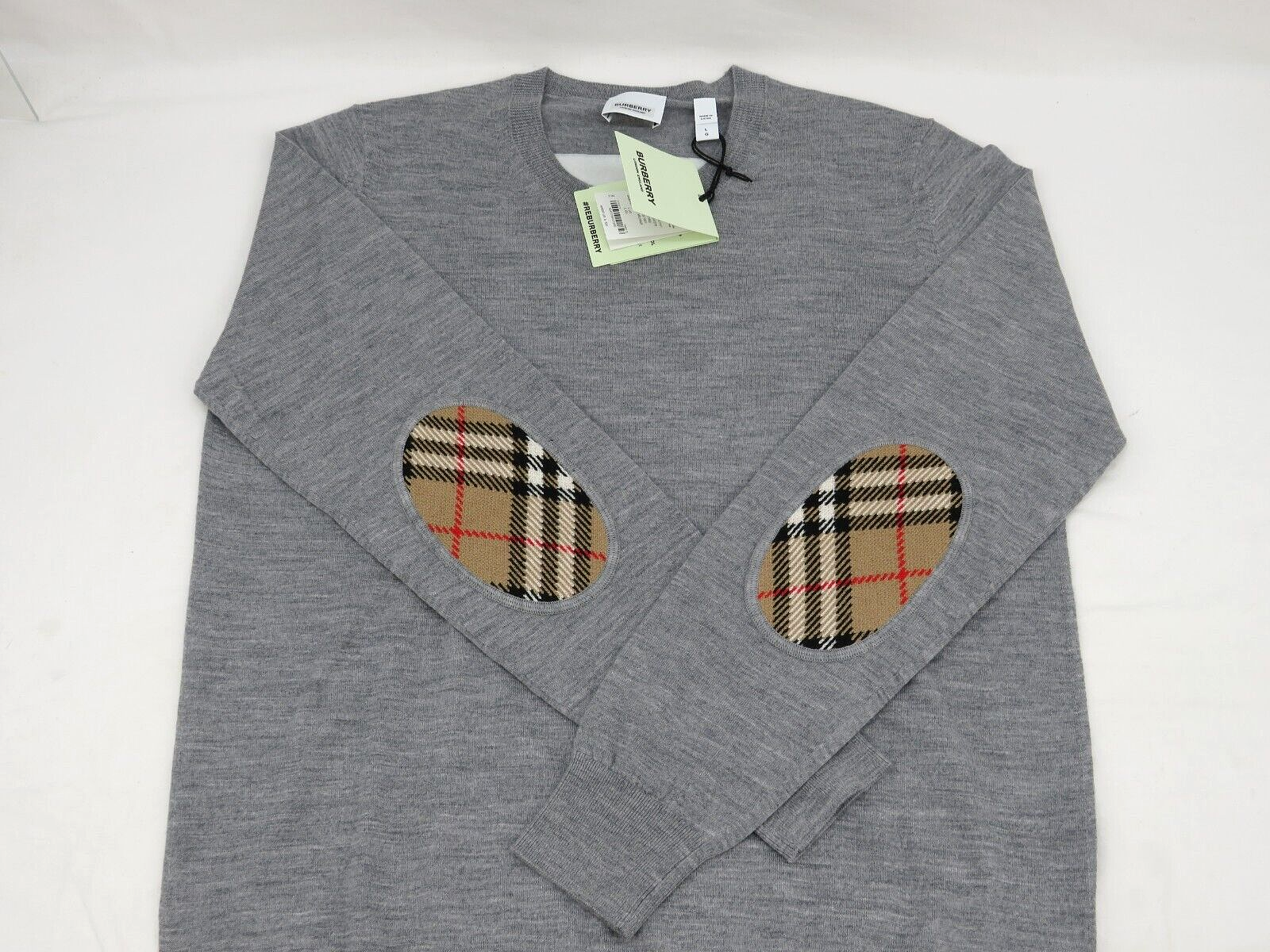 Pre-owned Burberry $830  Bempton Gray Merino Wool Elbow Check Patches Pullover Sweater L