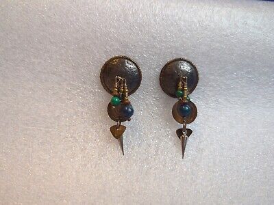 Vintage Signed Tabra Mixed Metals Tribal Shield Earrings with Charms!