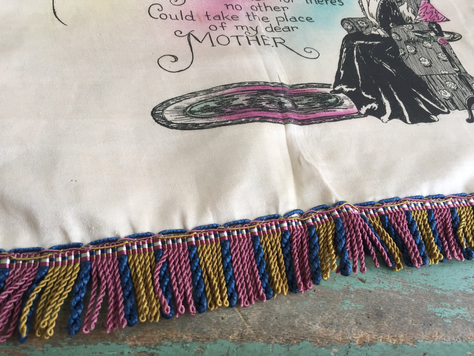 Vintage Pillow Cover Mother Poem With Fringe Original Store Tag Floral Back