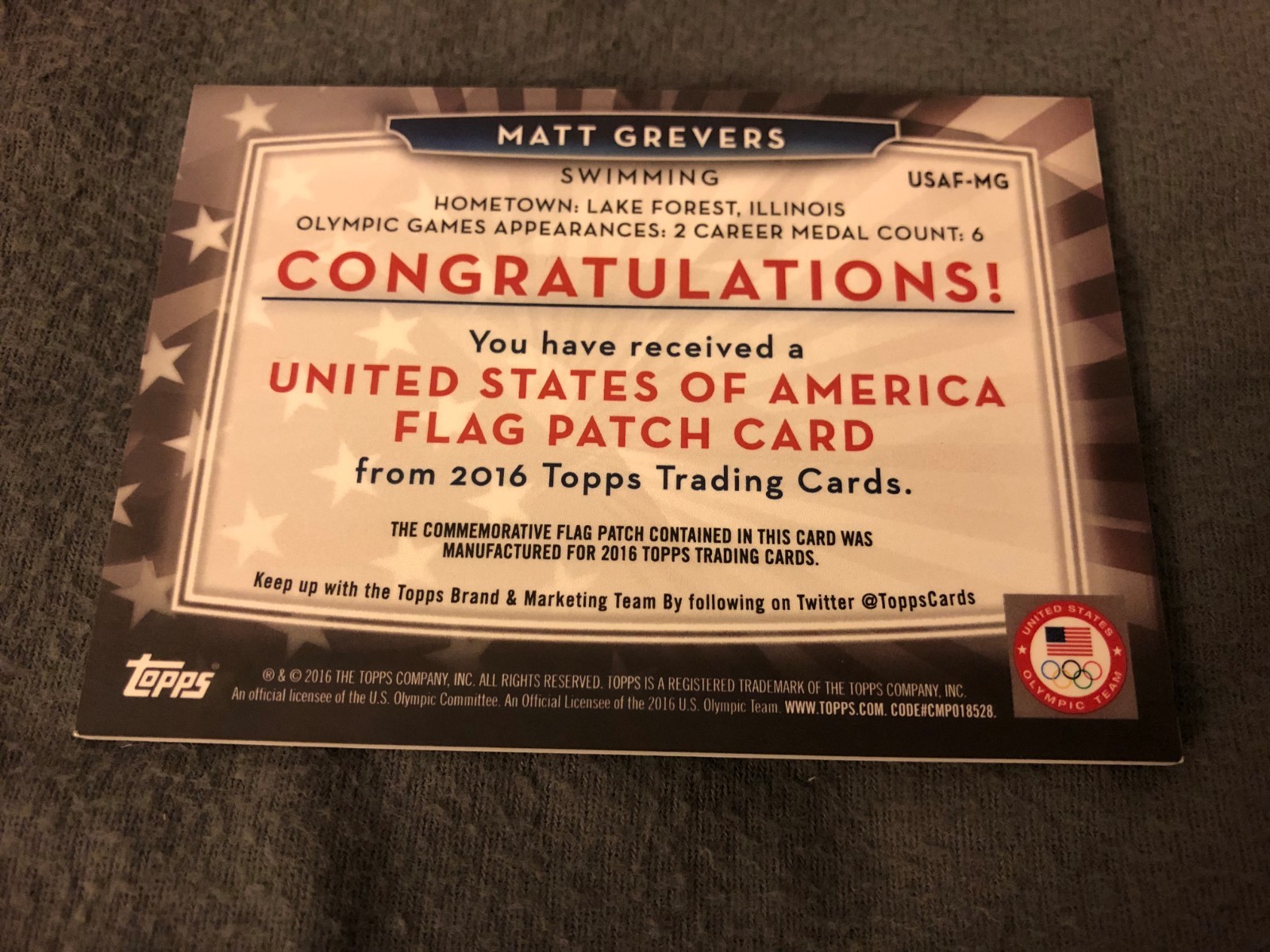 2016 Topps Matt Grevers USA Flag Patch Card Olympic Games Swimming 17/99