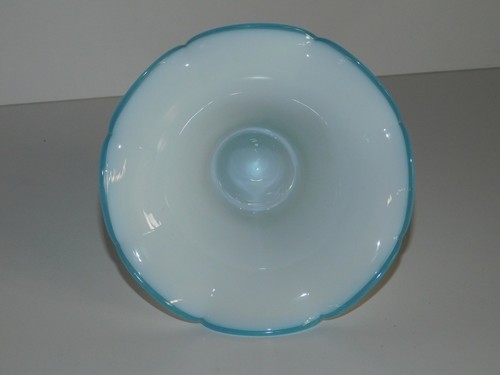 ANTIQUE SMOKE BELL MILK GLASS W/ BLUE TRIM LOOP HANDLE TOP
