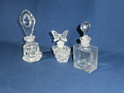 3 Original Vintage Fancy Clear Glass PERFUME BOTTLES with STOPPERS