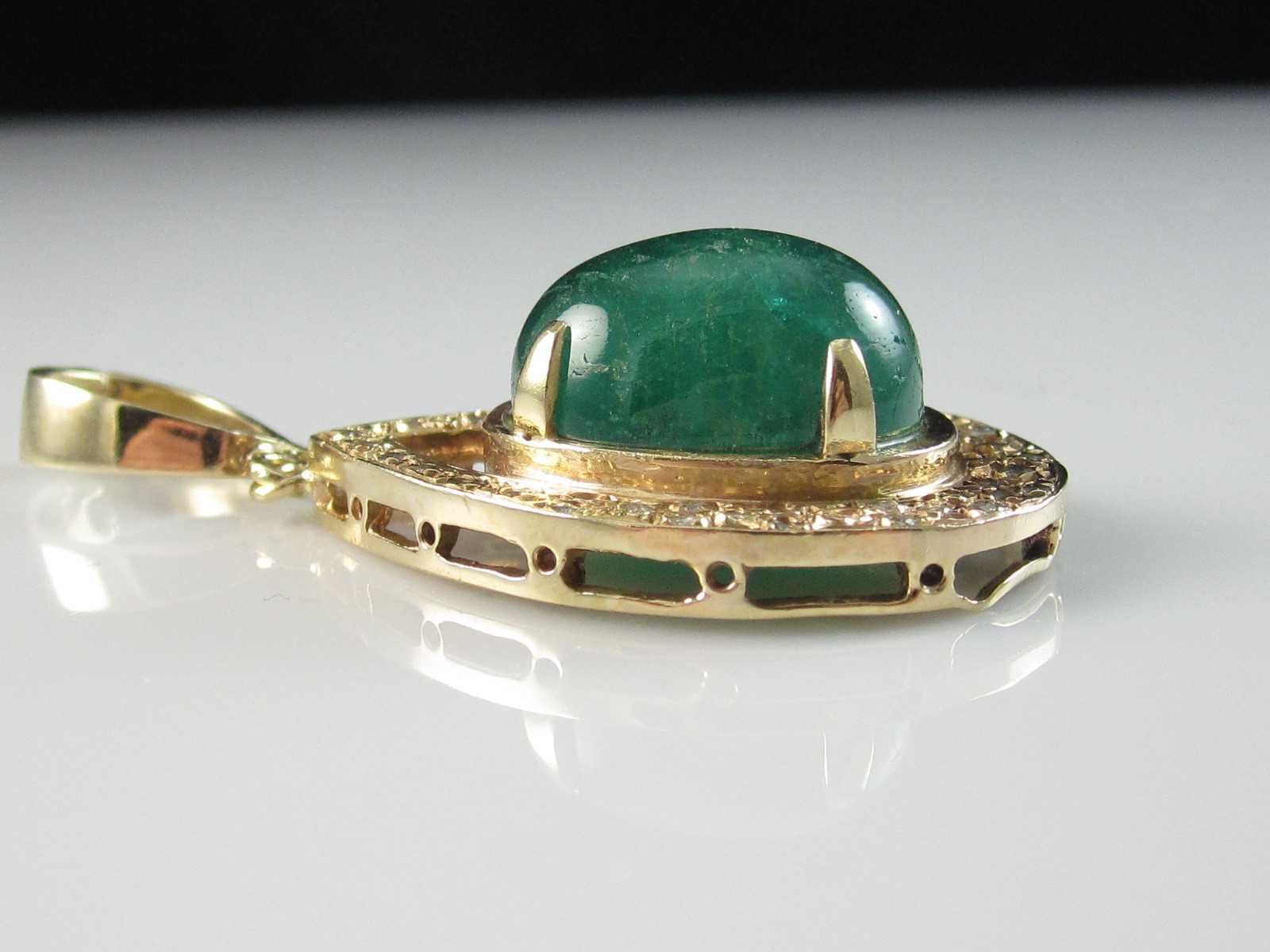 14K Emerald Diamond Pendant Cabochon 15.50tw Fine Jewelry Green Custom Hand Made