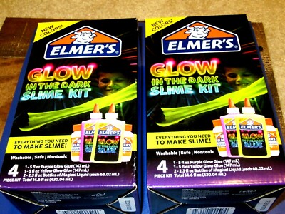 2 Elmer's Slime Kits ~ GLOW IN THE DARK Slime ~ 2 Purple & 2 Yellow Glow Slimes