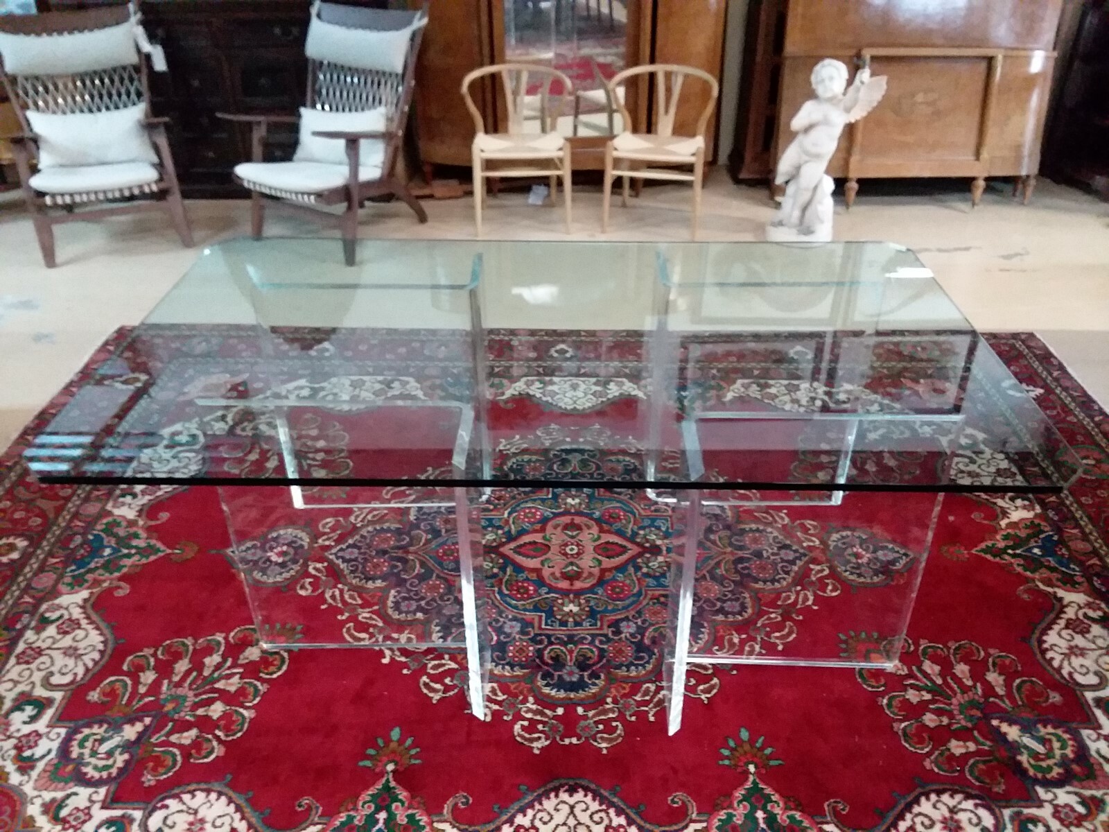 Midcentury Style Lucite Base Table with thick Glass Top. Stunning