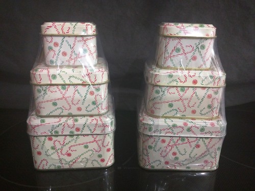 2 sets / 6  Mini Stackable Art Deco Candy Cane Christmas Tin Trinket Gift boxes