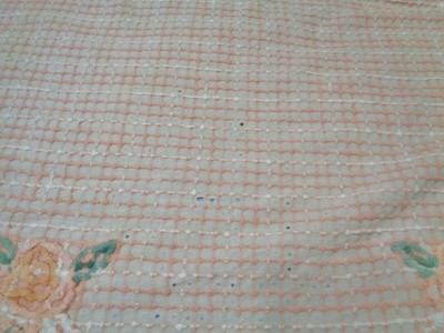 Vintage PEACH STRIPED FLOWER Chenille 100 X 89 BEDSPREAD COVERLET BLANKET CUTTER