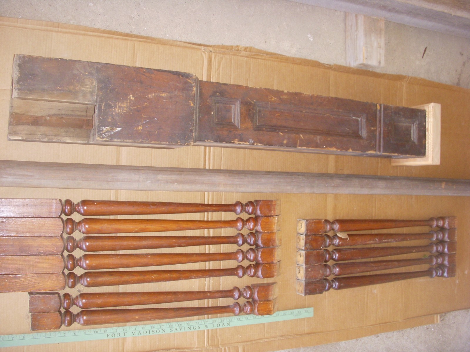 antique newel post & railing & spindles.