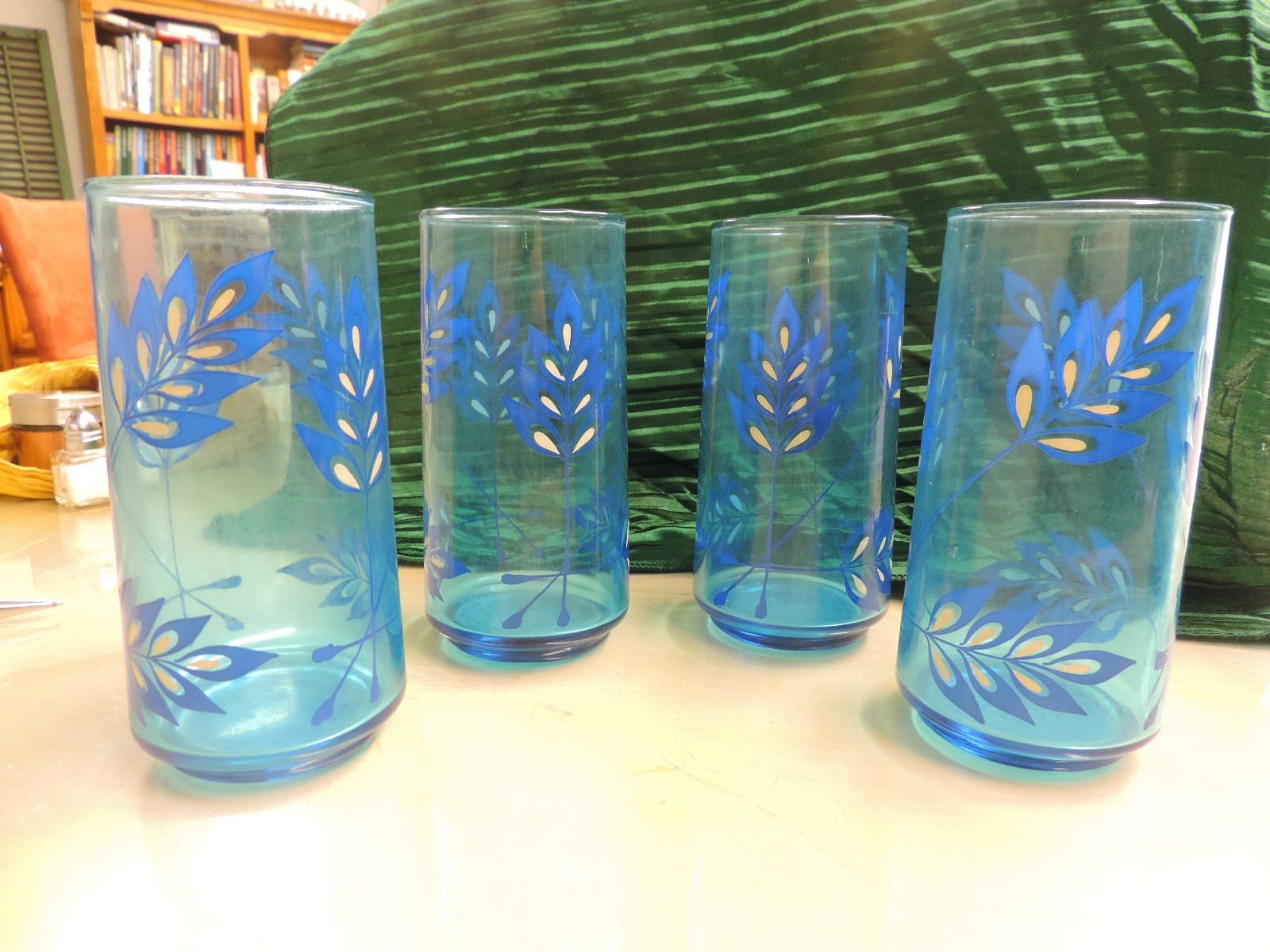 Vintage Blue Glass Pitcher and Four Glasses Leaf Fern Leaf Pattern