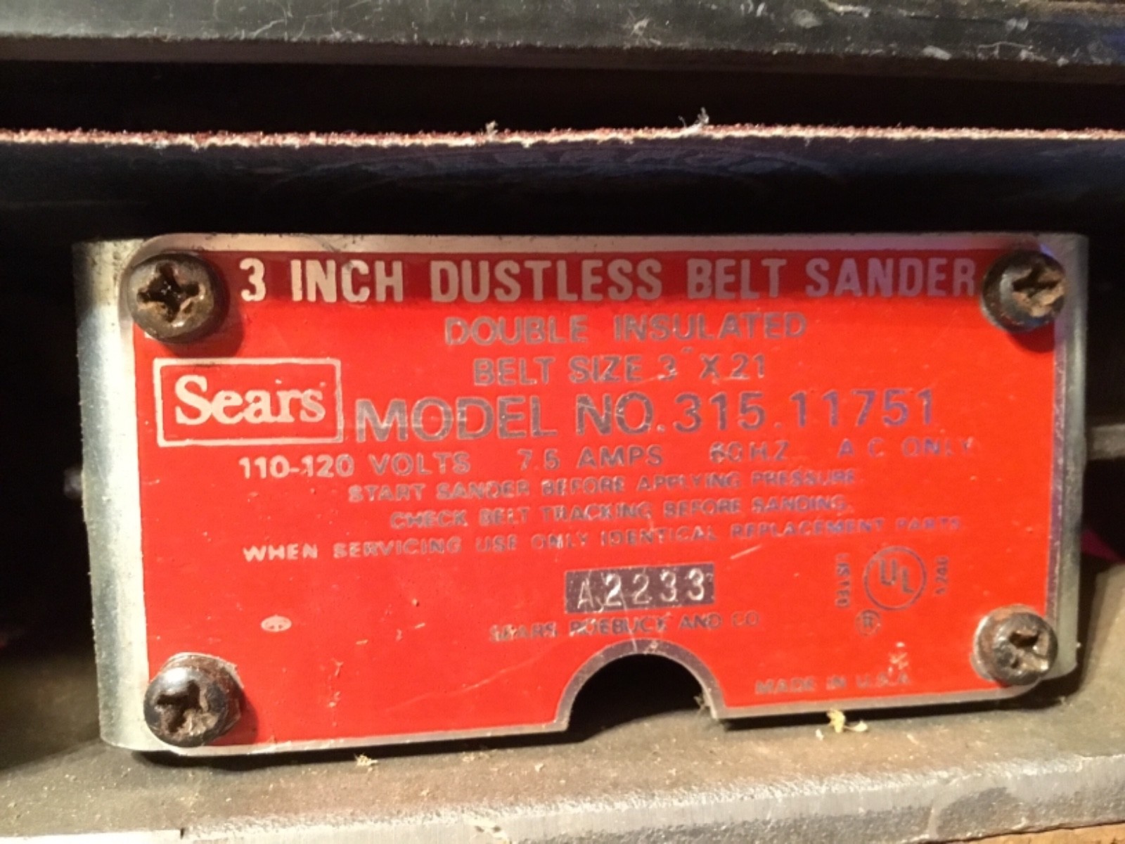 Sears Craftsman 3” Dustless Belt Sander Model 315.11751
