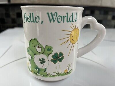 Vintage 80s Care Bears Good Luck Bear Clover Hello World Shamrock Coffee Mug Cup