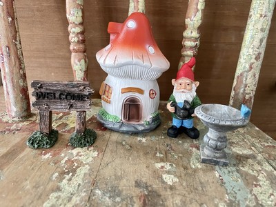Small Fairy Garden 4pc Mushroom House, Gnome, Welcome Sign, And Bird Bath