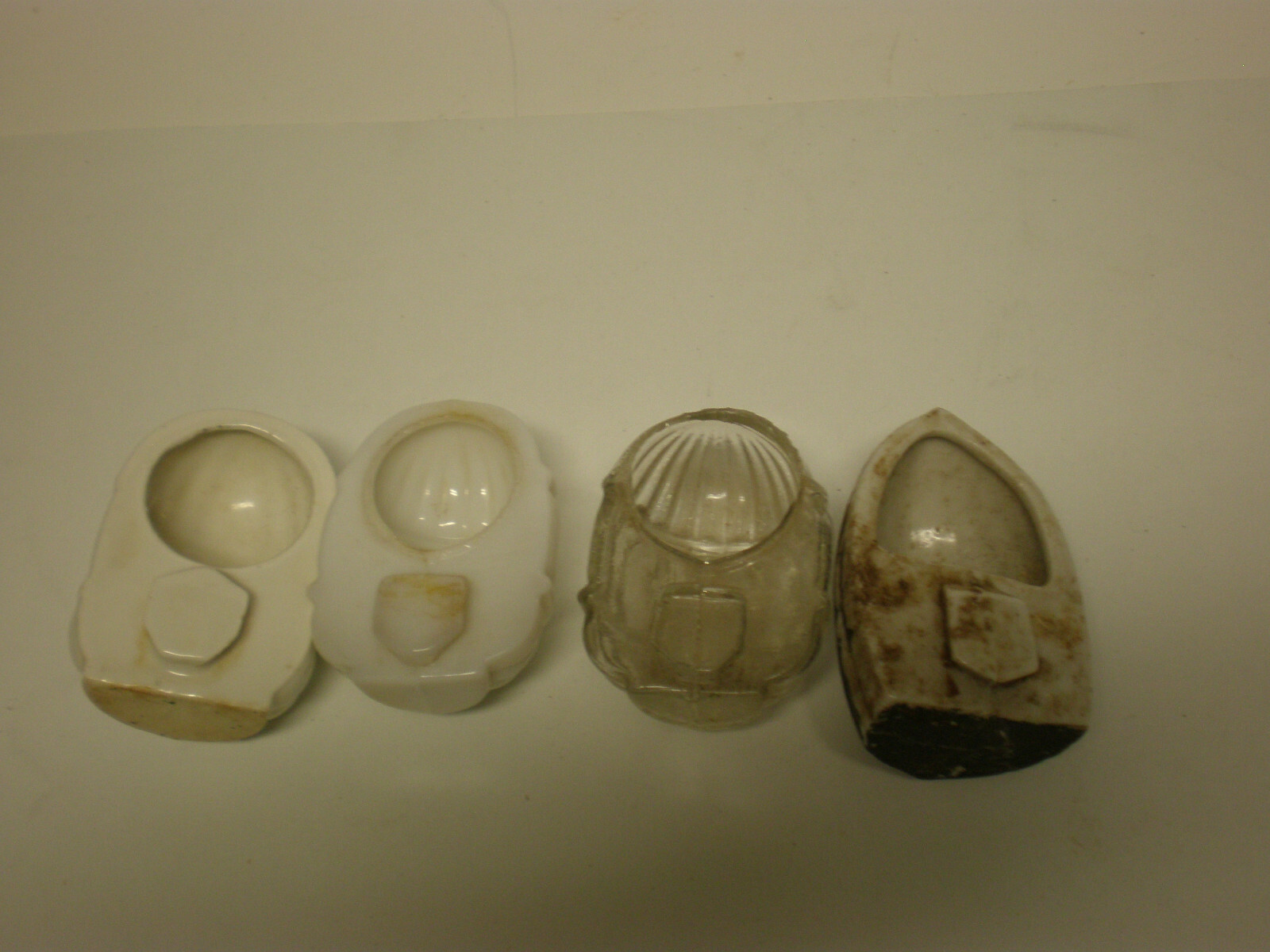 LOT OF 4 ANTIQUE ART DECO WHITE MILK / CLEAR GLASS BIRD CAGE FEEDER / WATER BOWL