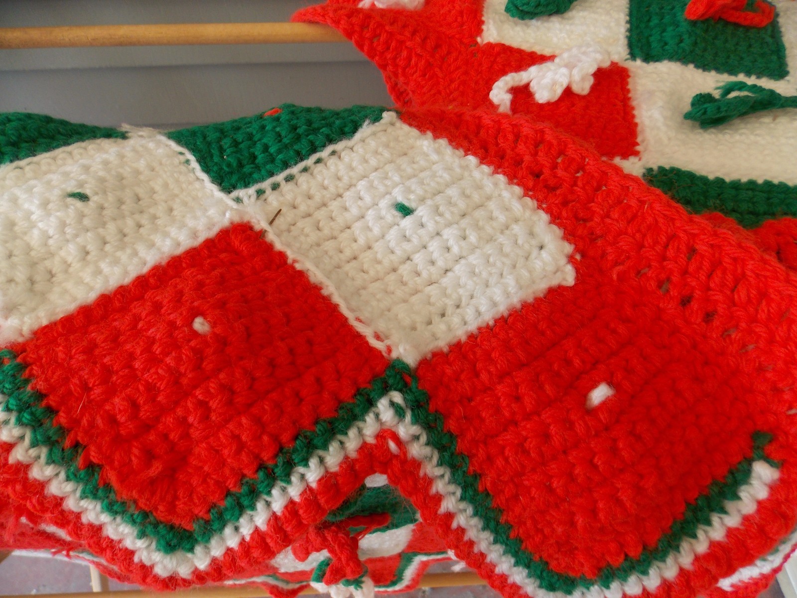 Vintage Christmas Tree Skirt Red White Green Crochet Granny Square with Bows