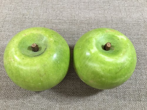 2 RARE Antique Vintage Italian Alabaster Stone Fruit Carved Big Green Apple Real
