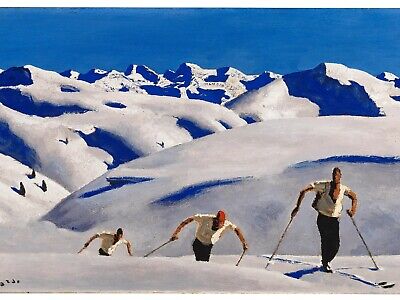 Skiers Ascent Mountain Snow 18 x 24 in Rolled Canvas Print Old West Painting